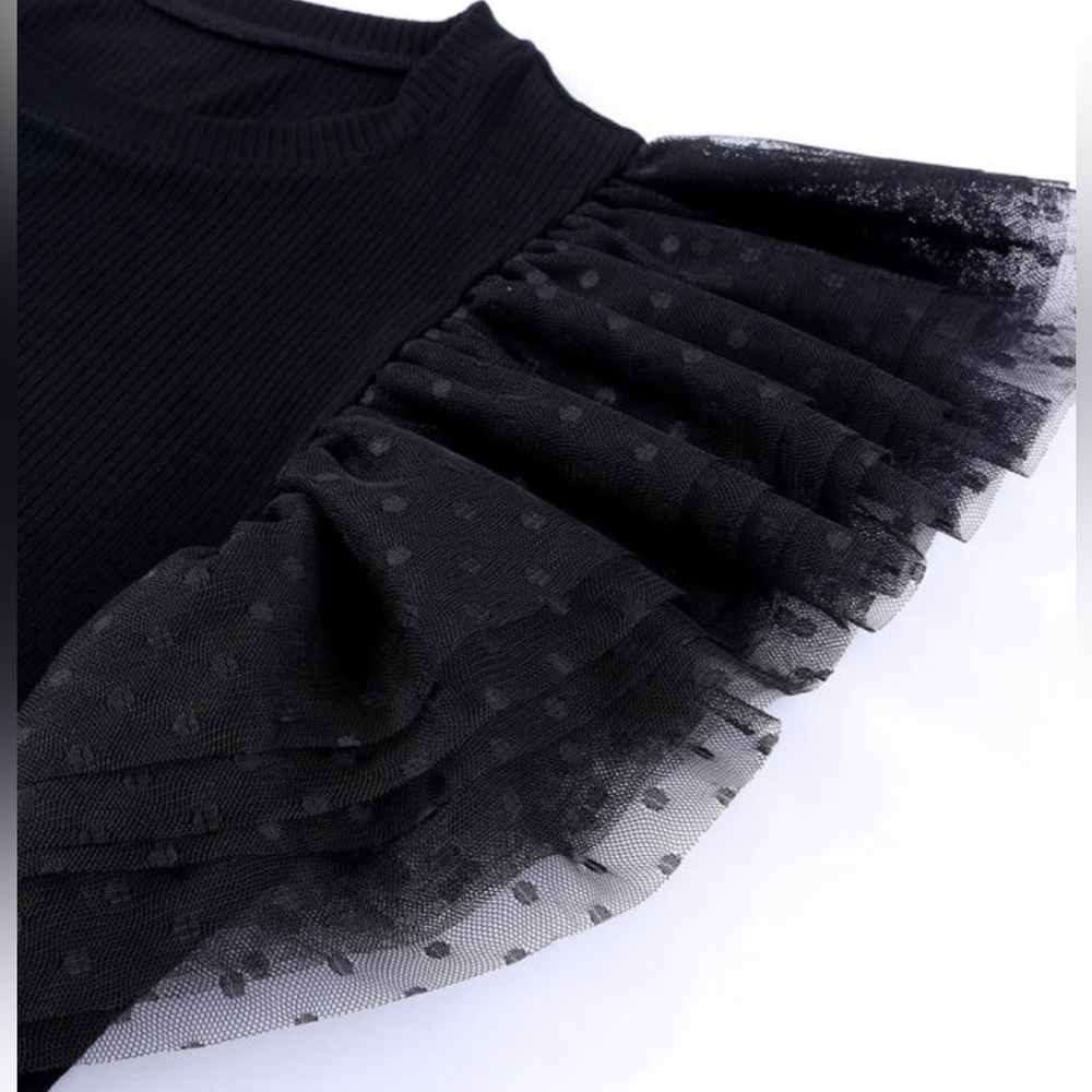 Dotty Mesh Ruffle Sleeve Ribbed Knit Top - Picture 6 of 9